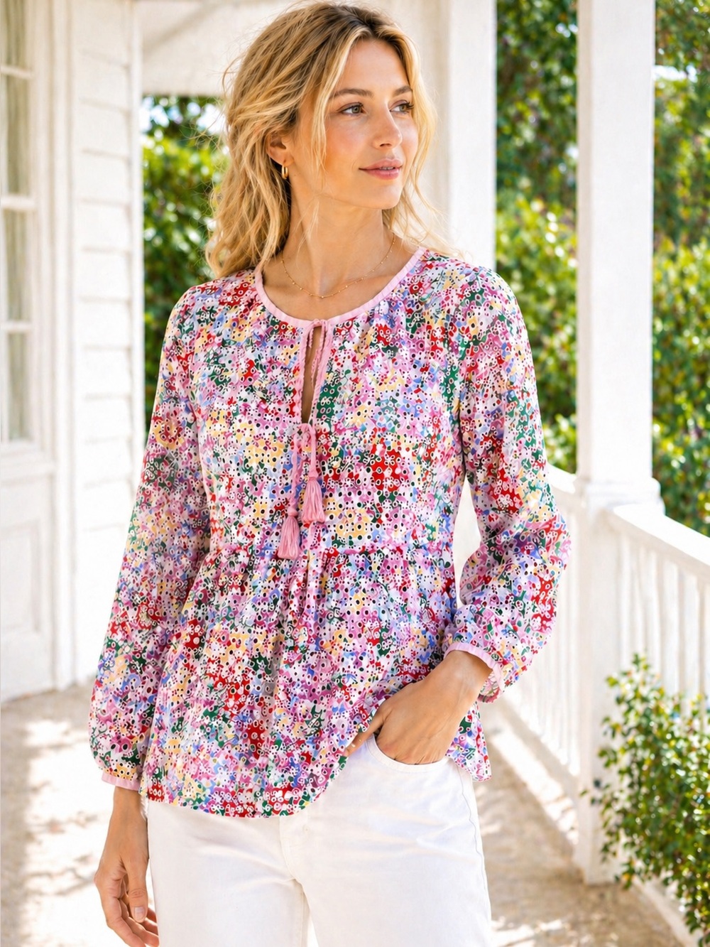 Joules Floral Eyelet Peasant Blouse White Pink Multi Size 12